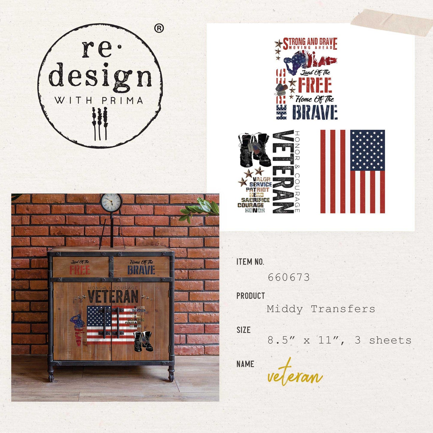 Veteran - Redesign with Prima Rub On Decor Transfers 8.5×11 – 3 sheets, 8.5″x11″